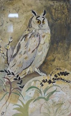 Gwyneth Johnstone (Daughter of Augustus John, 1914-2010), watercolour, Study of an owl, monogrammed, inscribed verso, 32 x 21cm. Condition - poor to fair